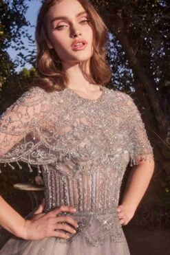 Andrea & Leo A1444 Dress Capelet Crystal Bead Ball Gown(Andrea And Leo A1444 Dress Capelet Crystal Bead Ball Gown) -Dress Promotion Store A1444 SILVER 2