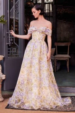 Andrea & Leo A1466 Dress Floral Printed Off The Shoulder A-Line Gown(Andrea Leo A1466 Dress Floral Printed Off The Shoulder A Line Gown) -Dress Promotion Store A1466 ANDREA AND LEO BLUE