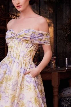 Andrea & Leo A1466 Dress Floral Printed Off The Shoulder A-Line Gown(Andrea Leo A1466 Dress Floral Printed Off The Shoulder A Line Gown) -Dress Promotion Store A1466 ANDREA AND LEO BLUE ZOOM