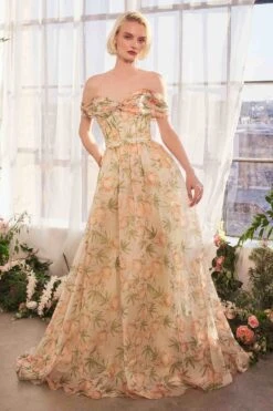 Andrea & Leo A1466 Dress Floral Printed Off The Shoulder A-Line Gown(Andrea Leo A1466 Dress Floral Printed Off The Shoulder A Line Gown)