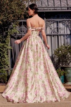 Andrea & Leo A1466 Dress Floral Printed Off The Shoulder A-Line Gown(Andrea Leo A1466 Dress Floral Printed Off The Shoulder A Line Gown) -Dress Promotion Store A1466 ANDREA AND LEO PINK BACK