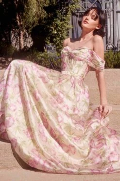 Andrea & Leo A1466 Dress Floral Printed Off The Shoulder A-Line Gown(Andrea Leo A1466 Dress Floral Printed Off The Shoulder A Line Gown) -Dress Promotion Store A1466 ANDREA AND LEO PINK SIDE
