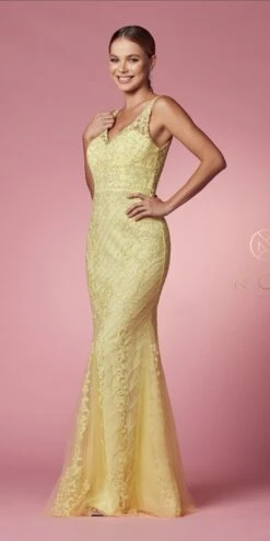 Nox Anabel A398 Embroidered Mermaid Fit And Flare Long Dress(Embroidered Fit And Flare Long Prom Dress Rose) -Dress Promotion Store A398 LEMON 22