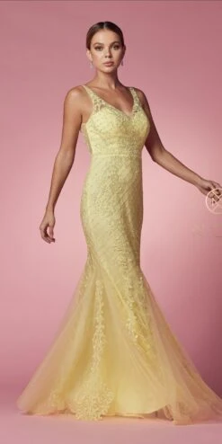 Nox Anabel A398 Embroidered Mermaid Fit And Flare Long Dress(Embroidered Fit And Flare Long Prom Dress Rose) -Dress Promotion Store A398 LEMON 45
