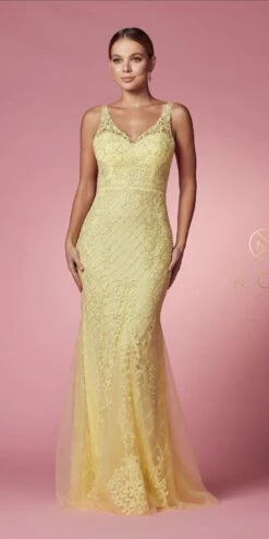 Nox Anabel A398 Embroidered Mermaid Fit And Flare Long Dress(Embroidered Fit And Flare Long Prom Dress Rose) -Dress Promotion Store A398 LEMON 6