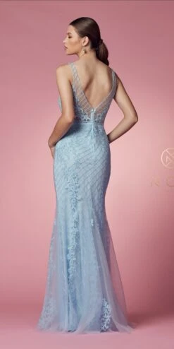 Nox Anabel A398 Embroidered Mermaid Fit And Flare Long Dress(Embroidered Fit And Flare Long Prom Dress Rose) -Dress Promotion Store A398 LIGHTBLUE 42