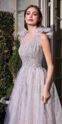 Cinderella Divine B704 Feathered Shoulder Tulle A-Line Ball Gown(Feathered Shoulder Tulle A Line Ball Gown By Cinderella Divine B704) -Dress Promotion Store B704 silver mauve 3