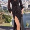 Ladivine B8422 Long Sleeve V-Neckline Leg Slit Sequin Gown(Ladivine B8422 Long Sleeve V Neckline Leg Slit Sequin Gown) -Dress Promotion Store B8422 black