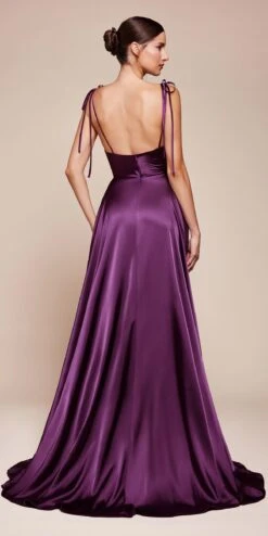 Cinderella Divine BD104 Long Satin A-Line Dress Cowl Neckline Tie Straps(Ladivine Bd104 Long Satin A Line Dress Cowl Neckline Tie Straps 1) -Dress Promotion Store BD104 EGGPLANT 3