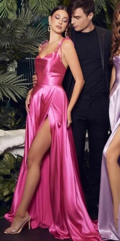 Cinderella Divine BD104 Long Satin A-Line Dress Cowl Neckline Tie Straps(Ladivine Bd104 Long Satin A Line Dress Cowl Neckline Tie Straps 1) -Dress Promotion Store BD104 hot pink