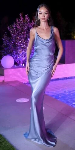 Ladivine BD7045 Long Satin Draped Back Dress Cowl Neckline(Ladivine Bd7045 Long Satin Draped Back Dress Cowl Neckline) -Dress Promotion Store BD7045 parisblue