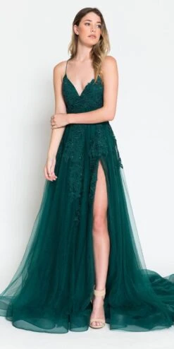 Amelia Couture BZ014 Long Mesh A-Line Embroidered Bodice Slit Dress(Amelia Couture Bz014 Long Mesh A Line Embroidered Bodice Slit Dress) -Dress Promotion Store BZ014 EMERALD