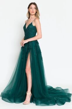 Amelia Couture BZ014 Long Mesh A-Line Embroidered Bodice Slit Dress(Amelia Couture Bz014 Long Mesh A Line Embroidered Bodice Slit Dress) -Dress Promotion Store BZ014 EMERALD SIDE