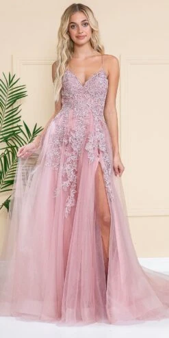 Amelia Couture BZ014 Long Mesh A-Line Embroidered Bodice Slit Dress(Amelia Couture Bz014 Long Mesh A Line Embroidered Bodice Slit Dress)