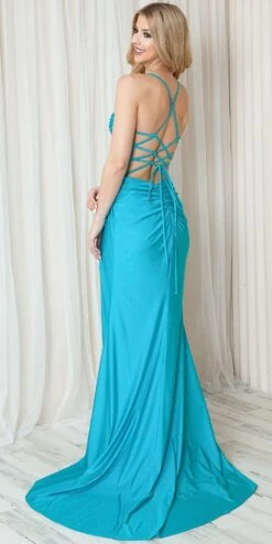 Amelia Couture BZ019 Long Fitted Cowl Neckline High Slit Glitter Dress(Amelia Couture Bz019 Long Fitted Cowl Neckline High Slit Glitter Dress) -Dress Promotion Store BZ019 AQUA BACK