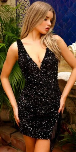 Amelia Couture BZ028S Fitted Short Velvet Sequin Cocktail V-Neck Dress(Amelia Couture Bz028s Fitted Short Velvet Sequin Cocktail V Neck Dress) -Dress Promotion Store BZ028SBLACK 2