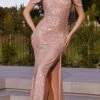 Ladivine BD4004 Long Draped Shoulder Sequin Fitted Dress(Ladivine Bd4004 Long Draped Shoulder Sequin Fitted Dress) -Dress Promotion Store Bd4004 rose gold