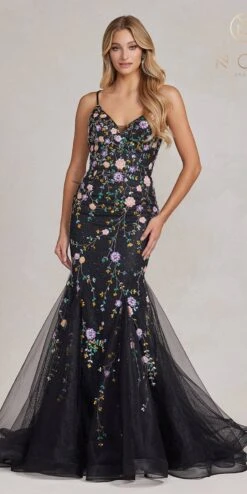 Nox Anabel C1117 Long Trumpet Gown With Sequin Floral Applique(Nox Anabel C1117 Long Trumpet Gown With Sequin Floral Applique) -Dress Promotion Store C1117 BLACKMULTI 1