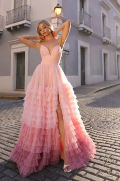 Nox Anabel C1420 Long Ombre Tiered Ruffled Skirt A-Line Slit Gown(Nox Anabel C1420 Long Ombre Tiered Ruffled Skirt A Line Slit Gown) -Dress Promotion Store C1420BLUSH 3