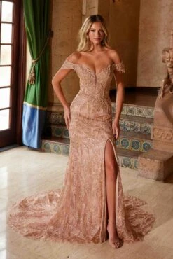 Nox Anabel C1600 Off The Shoulder Fully Beaded Long Train Dress(Nox Anabel C1600 Off The Shoulder Fully Beaded Long Train Dress) -Dress Promotion Store C1600ROSEGOLD 4
