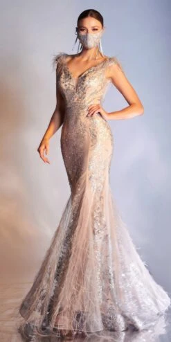 Cinderella Divine C57 Mermaid Gown Feathered V-Neckline Glitter Floral(Floor Length Gold Mermaid Gown Feathered V Neckline Glitter Floral) -Dress Promotion Store C57 SILVER NUDE 1