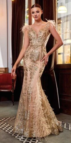 Cinderella Divine C57 Mermaid Gown Feathered V-Neckline Glitter Floral(Floor Length Gold Mermaid Gown Feathered V Neckline Glitter Floral) -Dress Promotion Store C57 gold