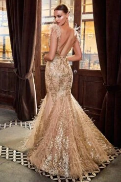 Cinderella Divine C57 Mermaid Gown Feathered V-Neckline Glitter Floral(Floor Length Gold Mermaid Gown Feathered V Neckline Glitter Floral) -Dress Promotion Store C57 gold 1