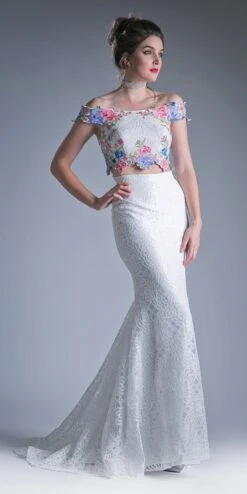 Cinderella Divine CA314 Two-Piece Off The Shoulder Fitted Dress Floral Appliques(Two Piece Off The Shoulder Fitted Dress Embroidered Floral Appliques Lace Detailed Skirt)