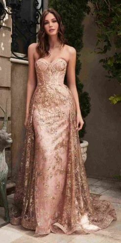 Cinderella Divine CB046W Strapless Gown Floral Applique Glitter Tulle Overskirt(Floor Length Strapless Fitted Gown Floral Applique And Glitter Tulle Overskirt Off White) -Dress Promotion Store CB046 rosegold