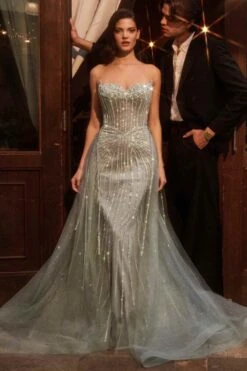 Ladivine CB158 Strapless Crystal Embellished Gown With Overskirt(Ladivine Cb158 Strapless Crystal Embellished Gown With Overskirt) 17 Ladivine CB158 Strapless Crystal Embellished Gown With Overskirt(Ladivine Cb158 Strapless Crystal Embellished Gown With Overskirt) -Dress Promotion Store CB158 SAGE FRONT