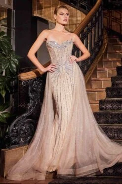 Ladivine CB158 Strapless Crystal Embellished Gown With Overskirt(Ladivine Cb158 Strapless Crystal Embellished Gown With Overskirt)