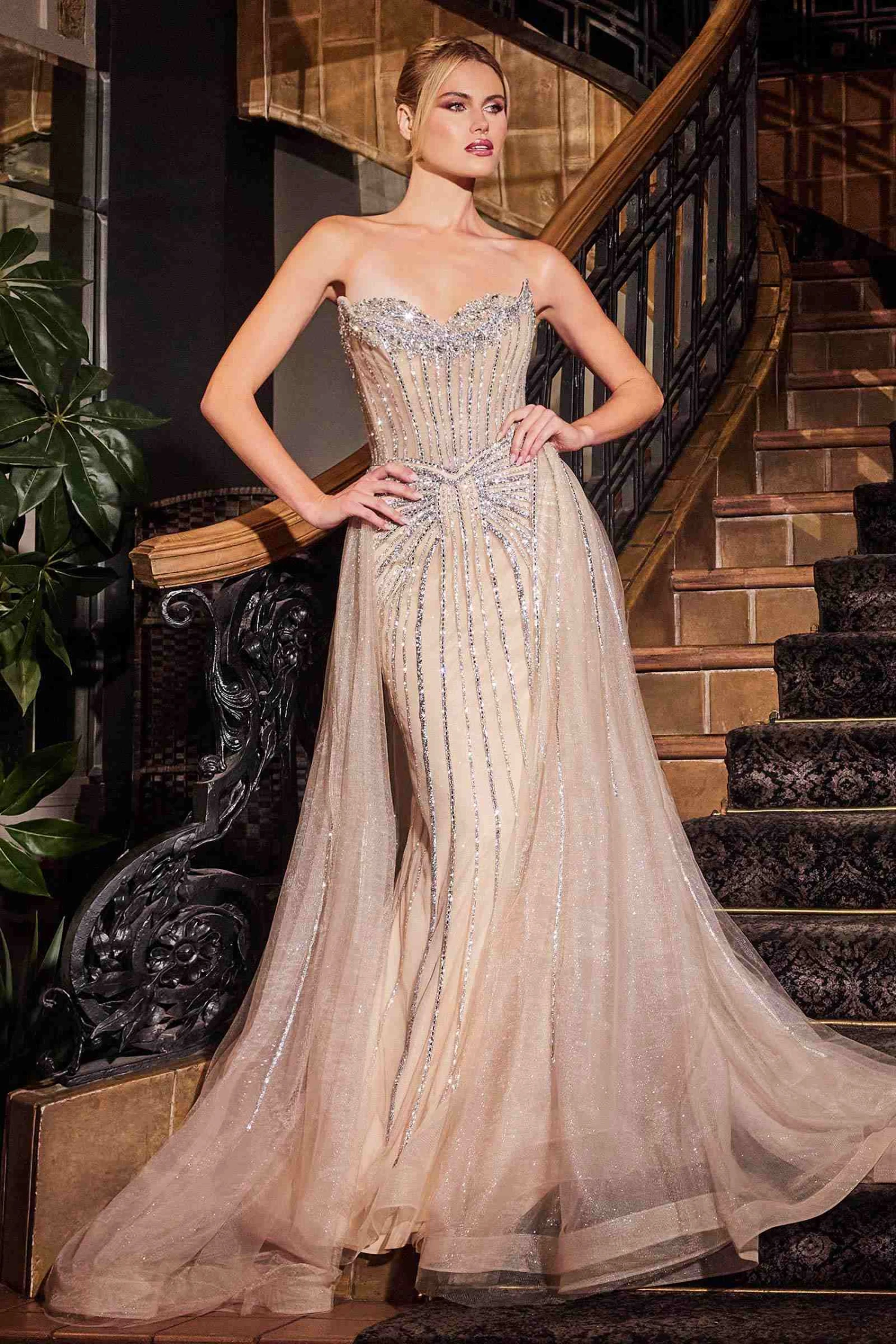 Ladivine CB158 Strapless Crystal Embellished Gown With Overskirt(Ladivine Cb158 Strapless Crystal Embellished Gown With Overskirt) 3 Ladivine CB158 Strapless Crystal Embellished Gown With Overskirt(Ladivine Cb158 Strapless Crystal Embellished Gown With Overskirt)