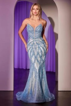 Ladivine CC0688 Dress Pearl And Crystal Strapless Fitted Gown(Ladivine Cc0688 Dress Pearl And Crystal Strapless Fitted Gown) -Dress Promotion Store CC0688 LADIVINE BLUE FRONT