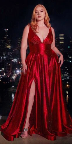 Ladivine CC2349C Long Glitter Stretch Satin A-Line Evening Gown(Ladivine Cc2349c Long Glitter Stretch Satin A Line Evening Gown) -Dress Promotion Store CC2349C red