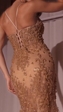 Ladivine CC2403 Dress Pearl & Lace Embellished Fit & Flare Gown(Ladivine Cc2403 Dress Pearl Lace Embellished Fit Flare Gown) -Dress Promotion Store CC2403 ladivine gold back zoom