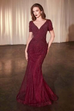 Ladivine CC4019 Dress Short Sleeve Beaded Fit & Flare Gown(Ladivine Cc4019 Dress Short Sleeve Beaded Fit Flare Gown) -Dress Promotion Store CC4019 BURGUNDY FRONT