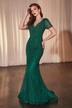 Ladivine CC4019 Dress Short Sleeve Beaded Fit & Flare Gown(Ladivine Cc4019 Dress Short Sleeve Beaded Fit Flare Gown) -Dress Promotion Store CC4019 EMERALD FRONT
