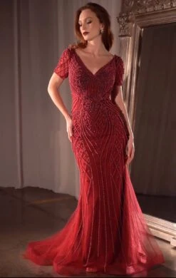 Ladivine CC4019 Dress Short Sleeve Beaded Fit & Flare Gown(Ladivine Cc4019 Dress Short Sleeve Beaded Fit Flare Gown) -Dress Promotion Store CC4019 ladivine BURGUNDY