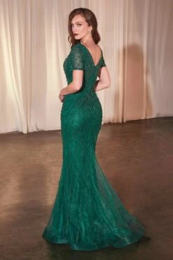 Ladivine CC4019 Dress Short Sleeve Beaded Fit & Flare Gown(Ladivine Cc4019 Dress Short Sleeve Beaded Fit Flare Gown) -Dress Promotion Store CC4019 ladivine EMERALD Back