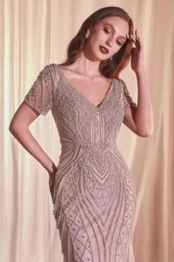 Ladivine CC4019 Dress Short Sleeve Beaded Fit & Flare Gown(Ladivine Cc4019 Dress Short Sleeve Beaded Fit Flare Gown) -Dress Promotion Store CC4019 ladivine MAUVE