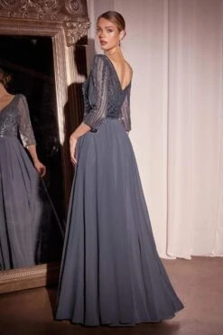 Ladivine CC446 Three Quarter Sleeve Beaded Chiffon Dress(Ladivine Cc446 Three Quarter Sleeve Beaded Chiffon Dress) -Dress Promotion Store CC446 INDIGO GREY BACK
