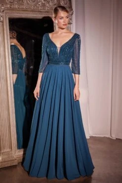 Ladivine CC446 Three Quarter Sleeve Beaded Chiffon Dress(Ladivine Cc446 Three Quarter Sleeve Beaded Chiffon Dress) -Dress Promotion Store CC446 PEACOCK FRONT