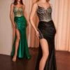 Ladivine CC8868 Dress Soft Satin Fitted Dress With Crystal Embellished Details(Ladivine Cc8868 Dress Soft Satin Fitted Dress With Crystal Embellished Details) -Dress Promotion Store CC8868 LADIVINE EMERALD BLACK 1