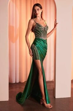 Ladivine CC8868 Dress Soft Satin Fitted Dress With Crystal Embellished Details(Ladivine Cc8868 Dress Soft Satin Fitted Dress With Crystal Embellished Details) -Dress Promotion Store CC8868 LADIVINE EMERALD FRONT 1