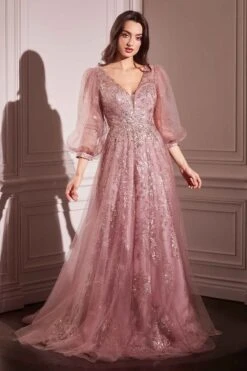 Ladivine CD0102 Dress Long Sleeve Layered Tulle A-Line Gown(Ladivine Cd0102 Dress Long Sleeve Layered Tulle A Line Gown) -Dress Promotion Store CD0102 LADIVINE ROSE GOLD