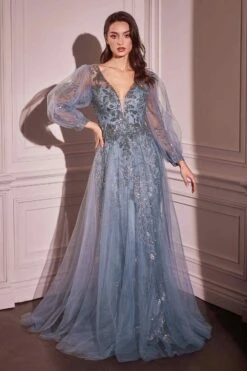 Ladivine CD0102 Dress Long Sleeve Layered Tulle A-Line Gown(Ladivine Cd0102 Dress Long Sleeve Layered Tulle A Line Gown) -Dress Promotion Store CD0102 LADIVINE SMOKY BLUE