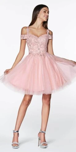 Cinderella Divine CD0132 Short A-Line Dress Off The Shoulder Glitter Tulle Skirt(Short A Line Champagne Dress Off The Shoulder Lace Detail Glitter Tulle Skirt) -Dress Promotion Store CD0132 cinderella divine blush