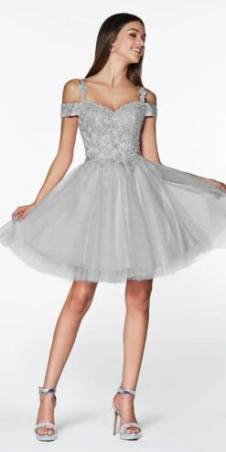 Cinderella Divine CD0132 Short A-Line Dress Off The Shoulder Glitter Tulle Skirt(Short A Line Champagne Dress Off The Shoulder Lace Detail Glitter Tulle Skirt) -Dress Promotion Store CD0132 cinderella divine silver