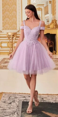 Cinderella Divine CD0132 Short A-Line Dress Off The Shoulder Glitter Tulle Skirt(Short A Line Champagne Dress Off The Shoulder Lace Detail Glitter Tulle Skirt)
