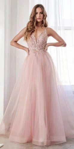 Cinderella Divine CD0154 Long Dress Beaded Applique Bodice Layered Tulle Skirt(Long A Line Dress Smokey Blue Beaded Applique Bodice Layered Tulle Skirt) -Dress Promotion Store CD0154 cinderella divine blush